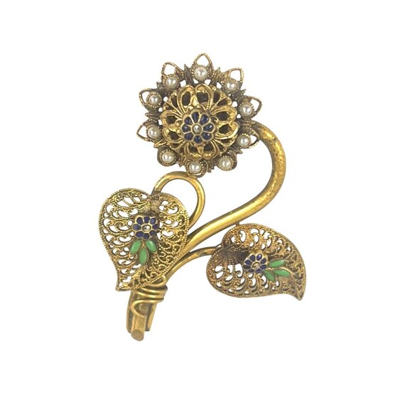 Vintage Floral Filigree Brooch Pin With Enamel & Faux Pearl Accents Gold Tone Co - Picture 3 of 8